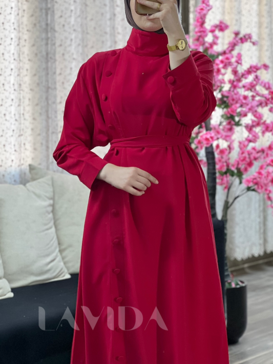 فستان أزرار جانبية (مغلق بالكامل) احمر