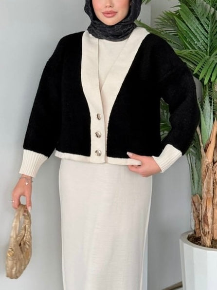 طقم جكيت فرو وفستان مصوف اسود وبيج