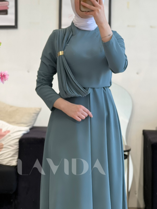 فُستان مع ردة عالكتف (فيروزي)