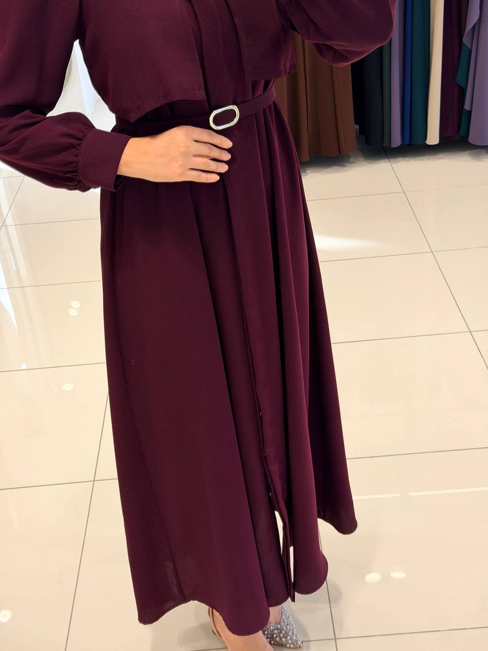 فستان مع حزام (برجندي)