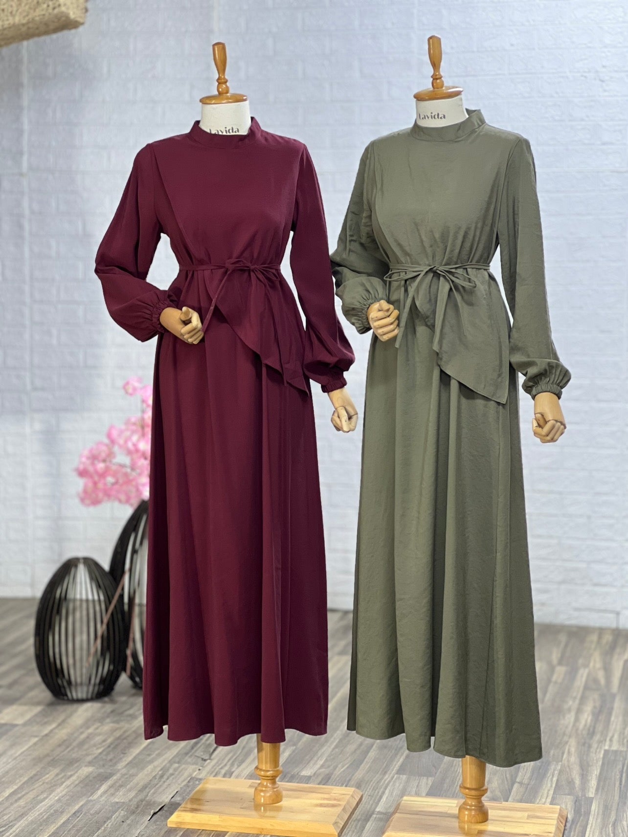 فستان مع حزام زيتي