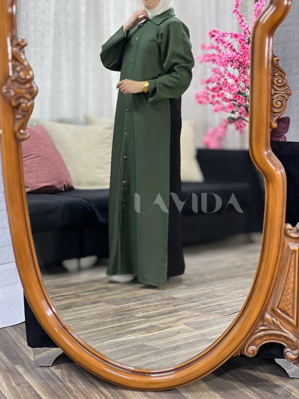 فستان لونين اسود و زيتي
