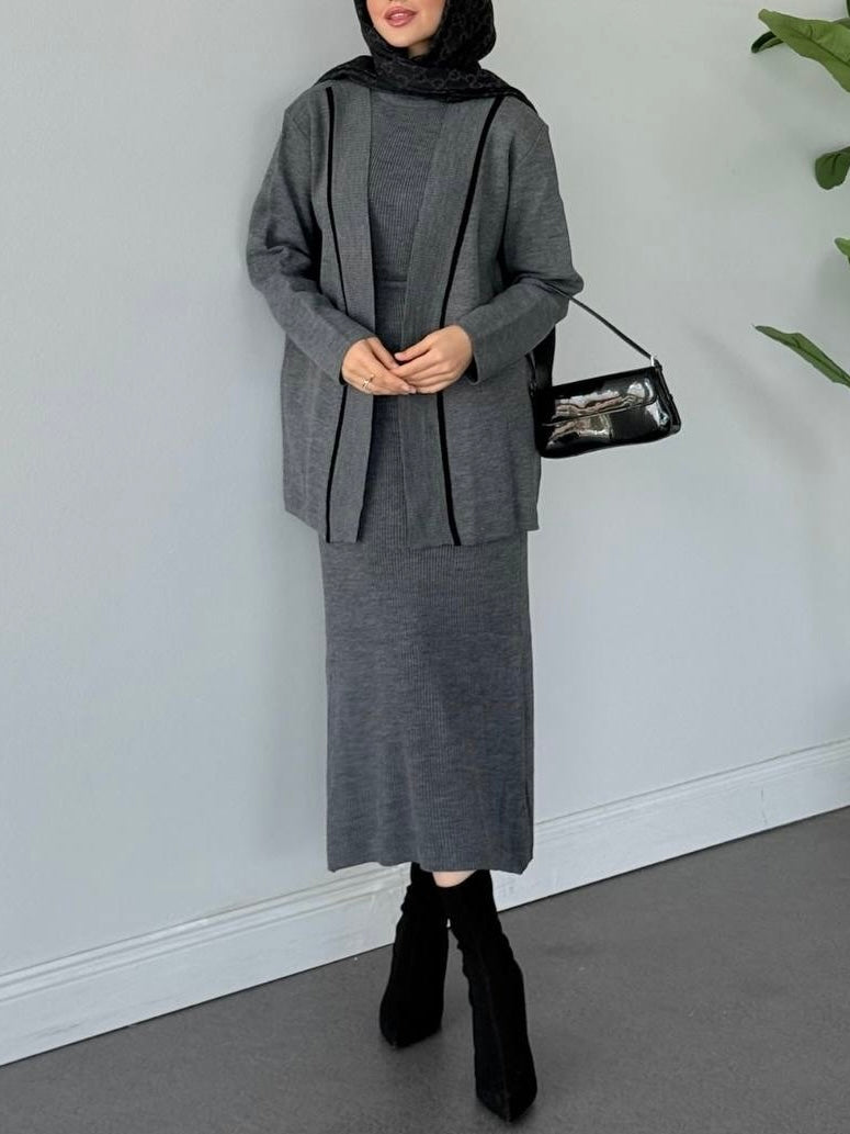 طقم تريكو قطعتين فستان وجكيت (رمادي)