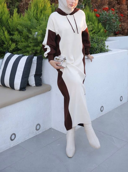 فستان مصوف لونين بني وبيج