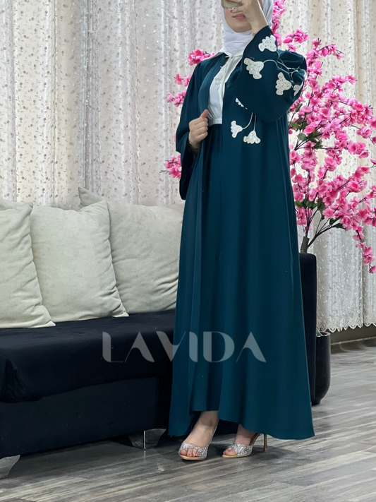 طقم عباية و فستان ورد (تركواز)