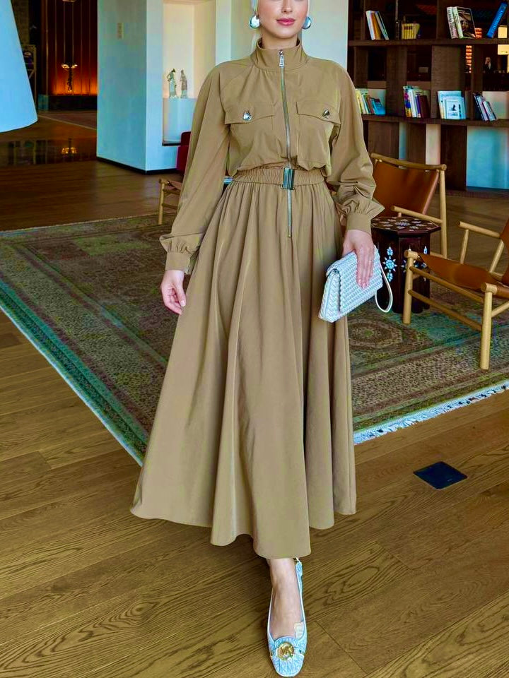 فستان مع حزام مغيط (خردلي)