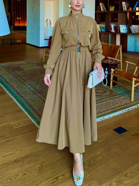 فستان مع حزام مغيط (خردلي)