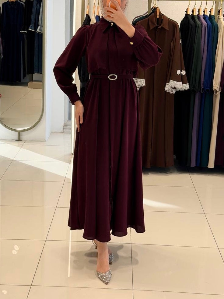 فستان مع حزام (برجندي)