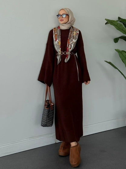 فستان صوف وبر ثقيل (بني)