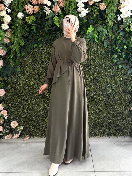 فستان مع حزام زيتي