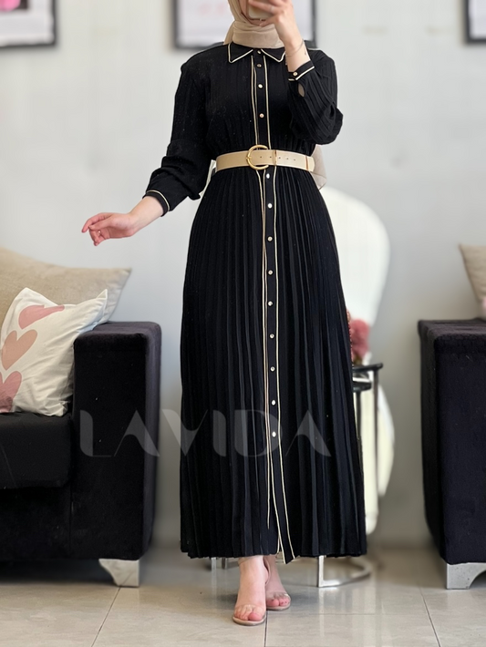 فستان كسرات مع حزام (اسود)