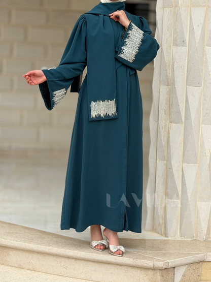 فستان ازرار كامل مع سكارف (تركواز)