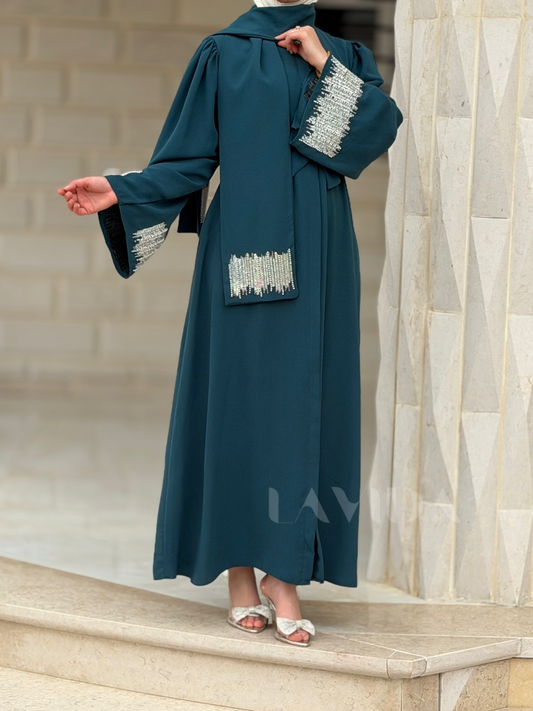 فستان ازرار كامل مع سكارف (تركواز)