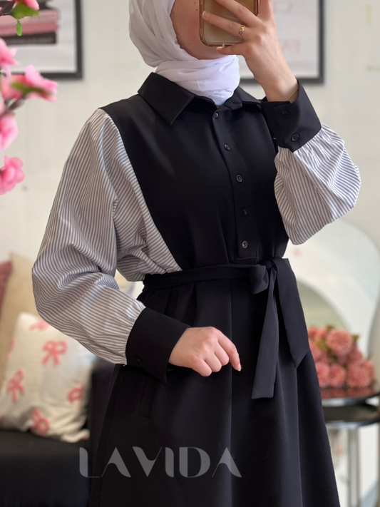 فستان اكمام ريچلان مخططة (اسود)