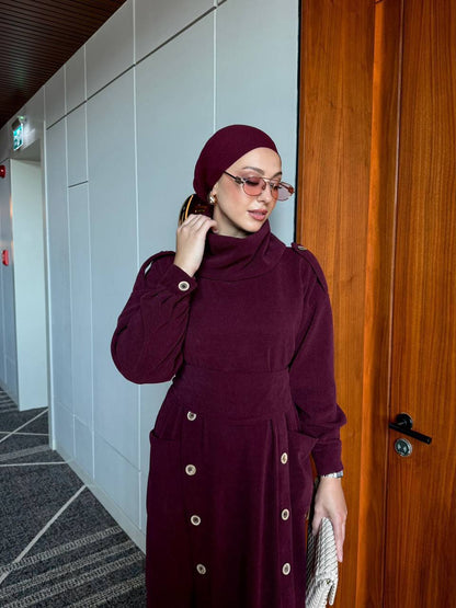 فستان شتوي مع حزام عريض (برغندي)