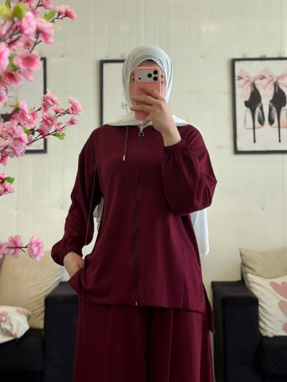 طقم بنطلون عريض مع جكيت (خمري)