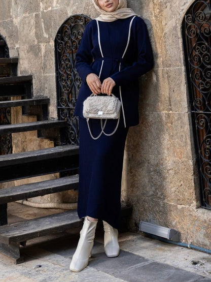 طقم تريكو قطعتين فستان وجكيت (كحلي)