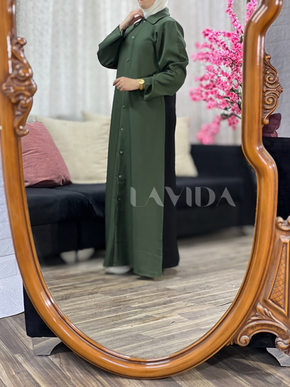 فستان لونين اسود و زيتي
