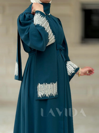 فستان ازرار كامل مع سكارف (تركواز)