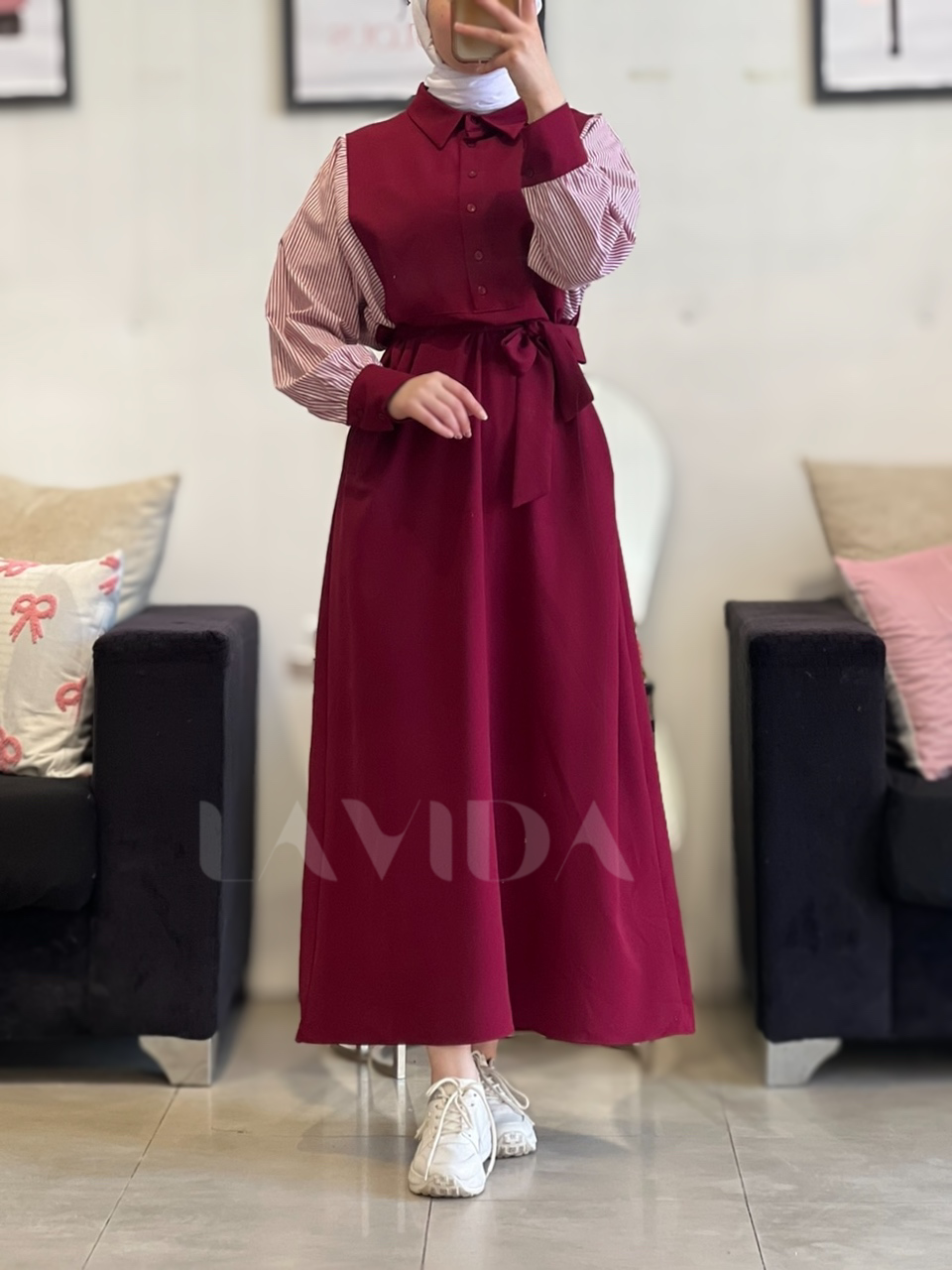 فستان اكمام ريچلان مخططة (خمري)