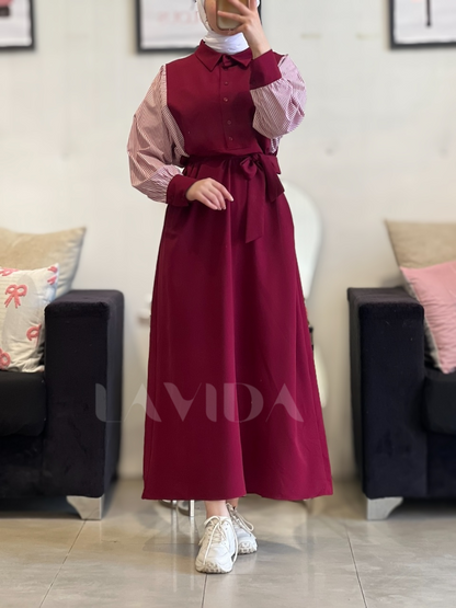 فستان اكمام ريچلان مخططة (خمري)