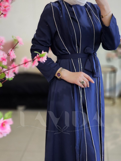 فستان ساتان خطوط ستراس كحلي