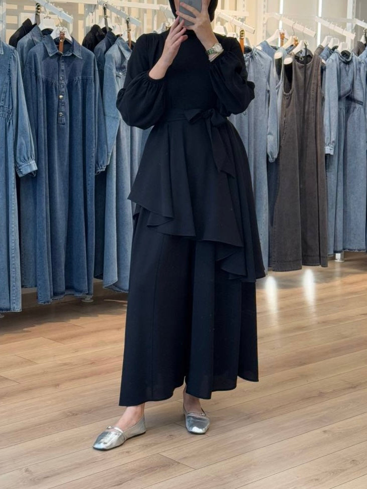 طقم بنطلون عريض و بلوز (اسود)